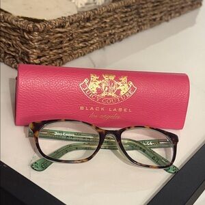 Juicy Couture Tortoiseshell Glasses with Green Accents & Pink Leather Case